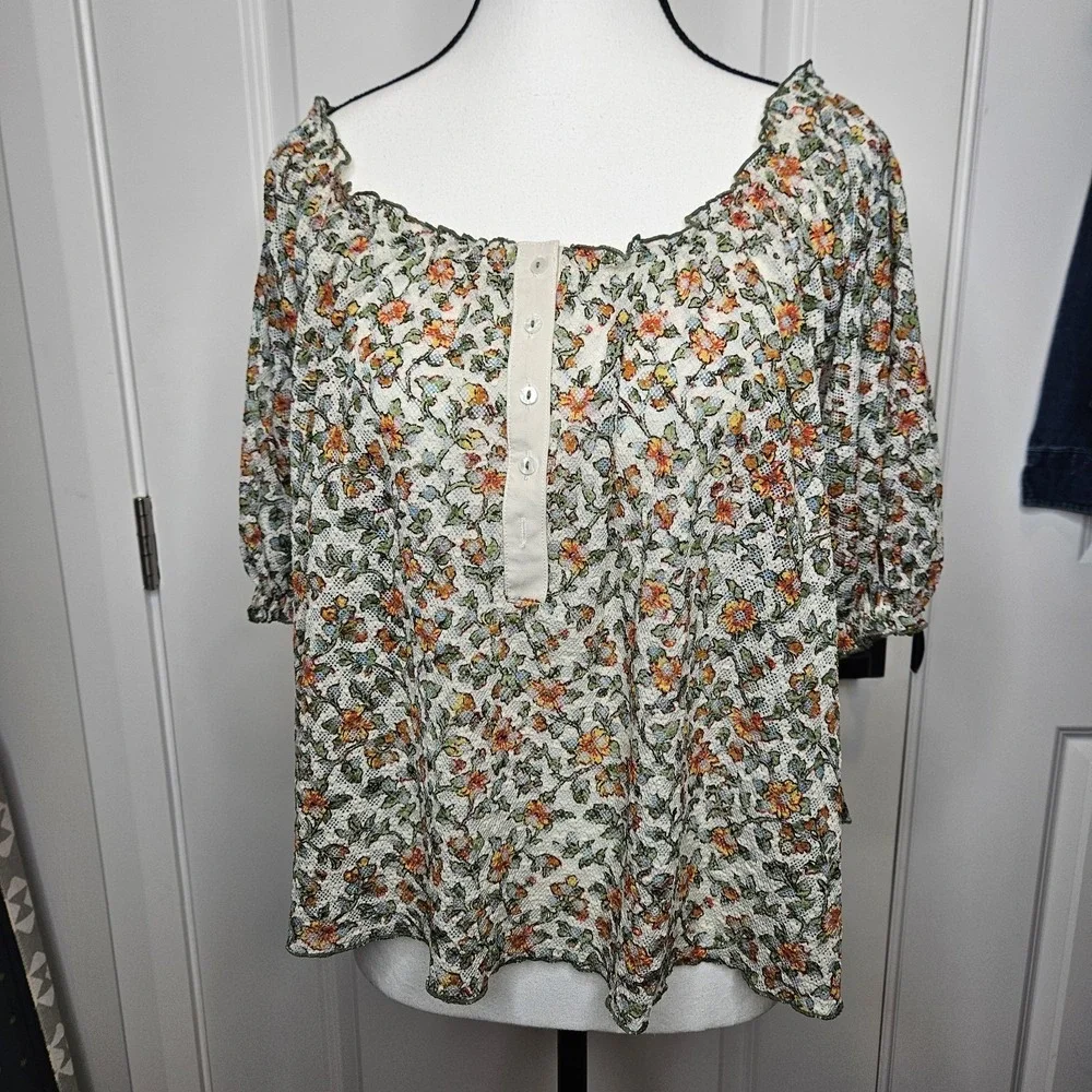 Free People Astra Peasant Top Size Small Floral Mesh Sheer Cottagecore Festival‎